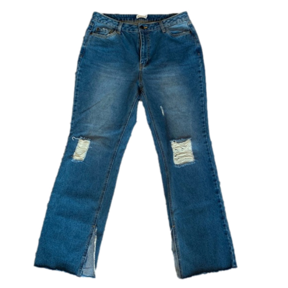 AVEC Les Filles Distressed High Rise Raw Split Hem Straight Jeans 80213